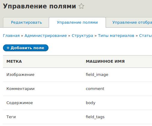 Добавленные поля в типе Статья в Drupal
