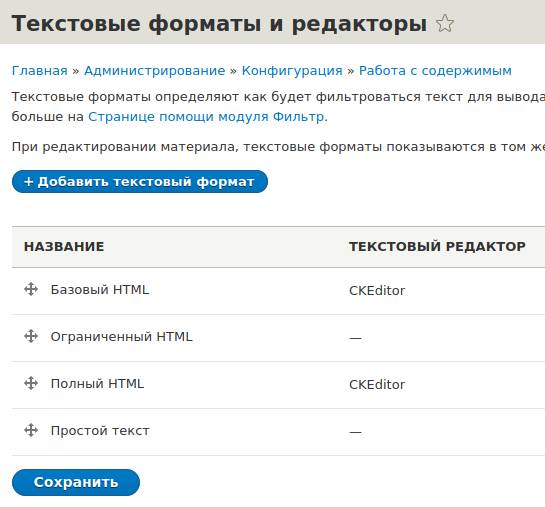 Список доступных форматов в Drupal