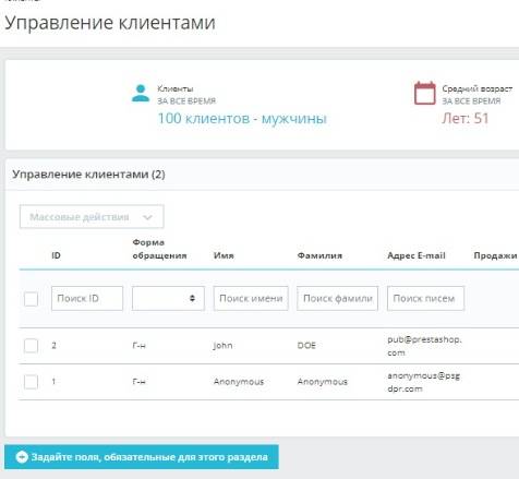 Список клиентов в PrestaShop