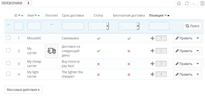 Список перевозчиков в PrestaShop