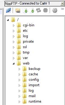 Список файлов на сервере в боковом меню плагина NppFTP в редакторе Notepad++