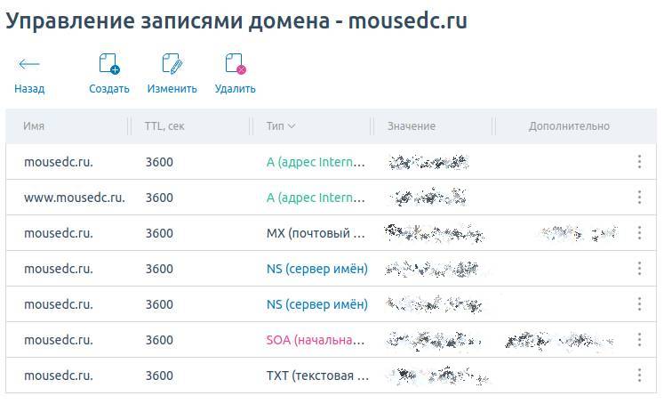 Список DNS записей домена